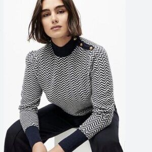 J.CREW Sweater Women Medium Blue Herringbone Brass Button Alpaca Pullover AC138